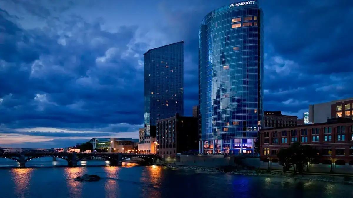 JW Marriott Grand Rapids along the Grand River at dusk