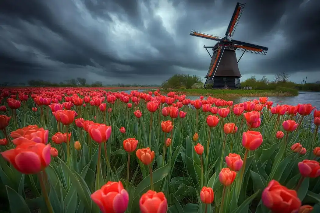 Illustration of red tulips and a Dutch-style windmill beneath dramatic clouds