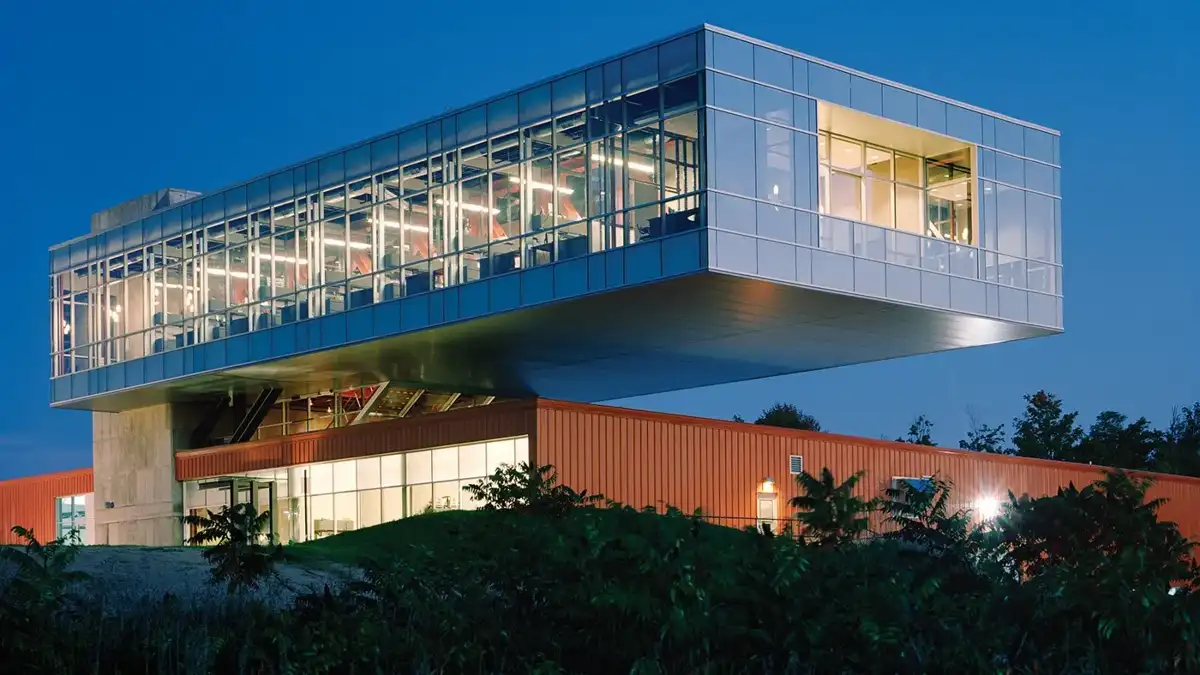 The cantilevered former Lamar Construction corporate headquarters in Hudsonville Michigan
