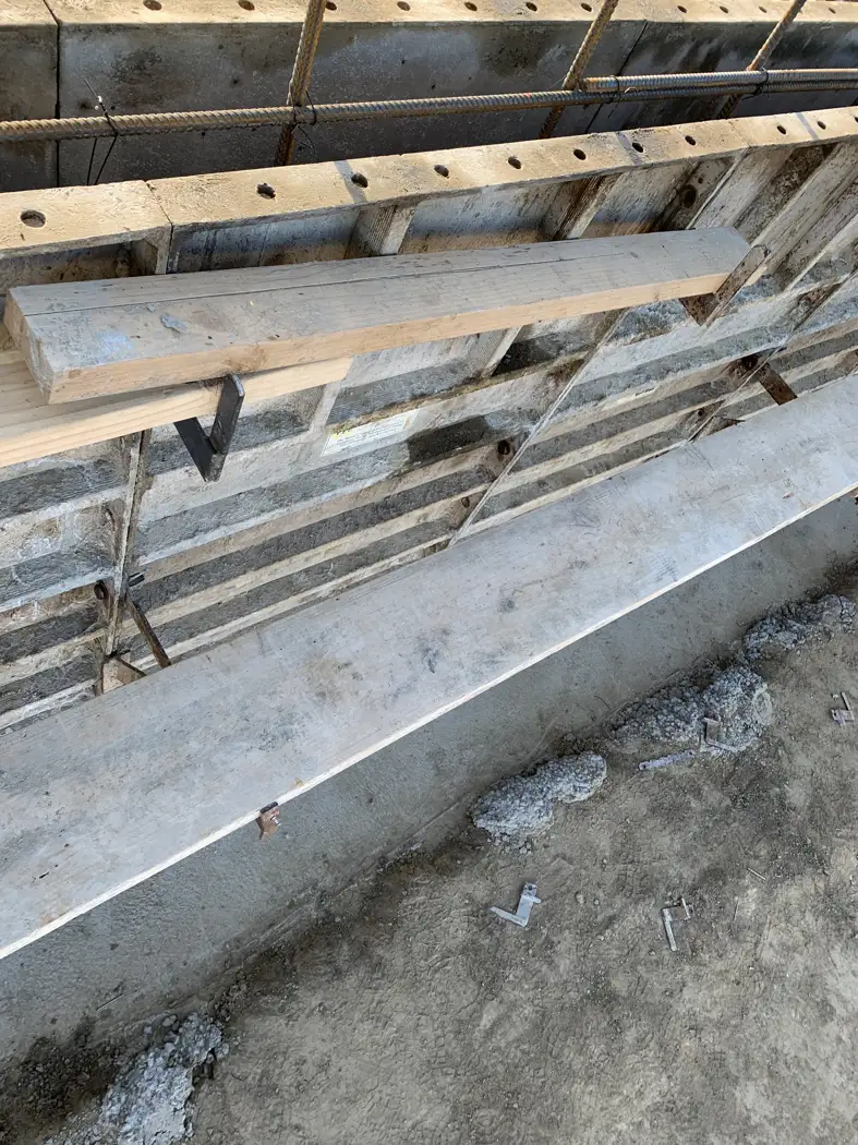 Wall form panels, ties, and reinforcement are visible during foundation construction.
