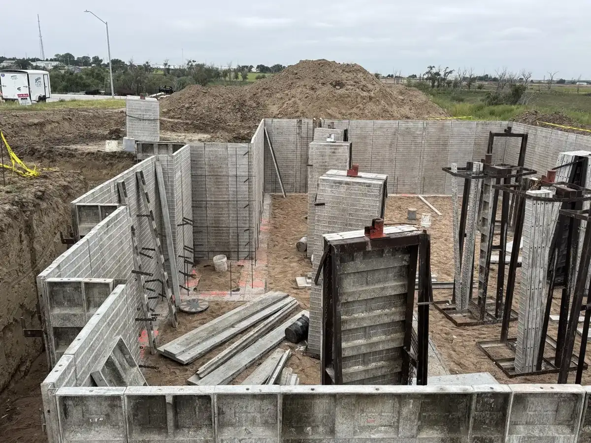 Interior view of foundation wall forms and bracing