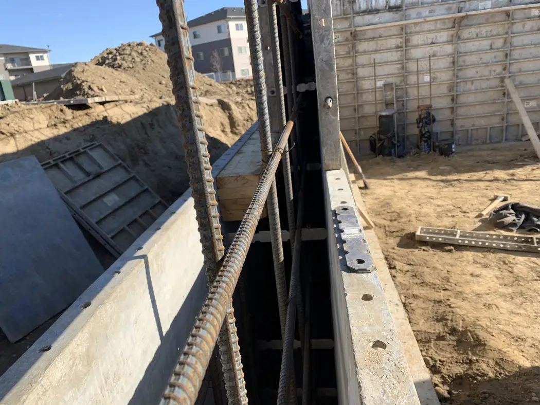 A closer view of reinforcement positioned between the wall forms.