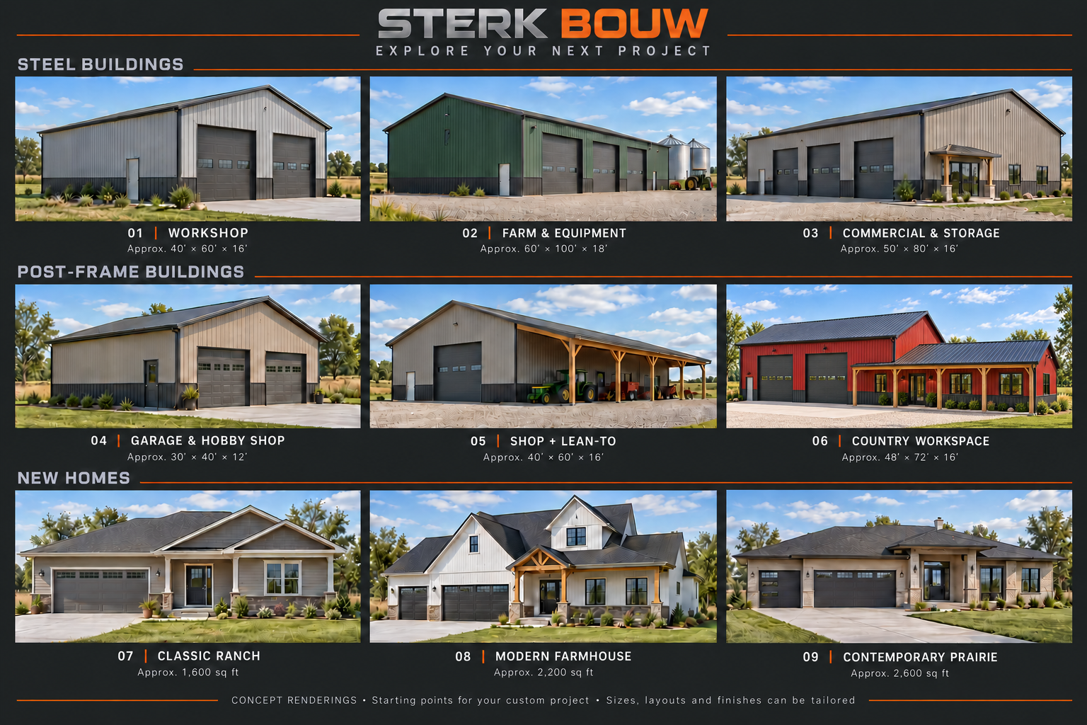 Sterk Bouw: three steel building, three post-frame building and three home concept renderings, including the approved red Country Workspace.